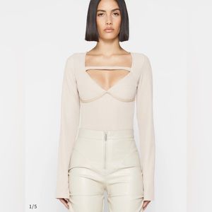 Maniere De Voir LONG SLEEVE RIBBED BODYSUIT IN BEIGE